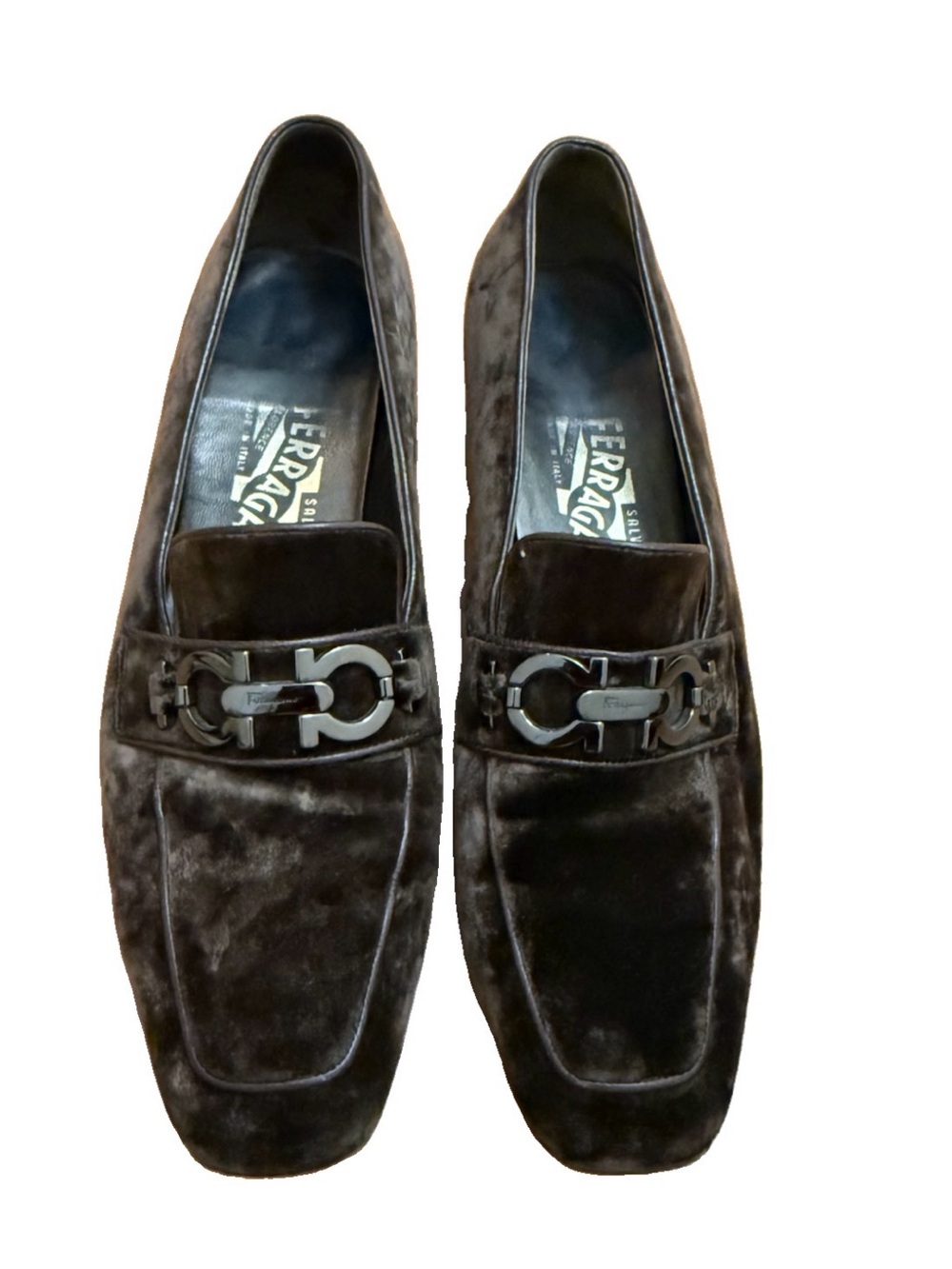 Salvatore Ferragamo Dark Brown Velvet Bit Loafers size 9 AA made in Italy